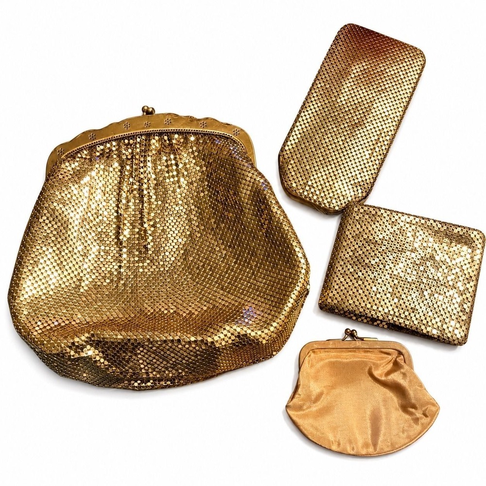 ⚜️95. 1940s Whiting & Davis Gold Mesh 4 Piece Set Purse Wallet Case Coin Bag